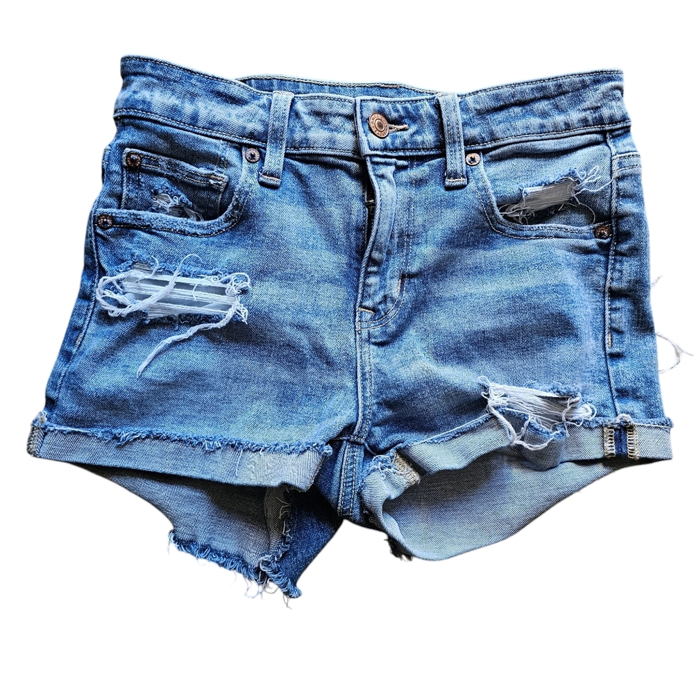 American Eagle Stretch hi-rise Shorty denim‎ shorts frayed distressed 2